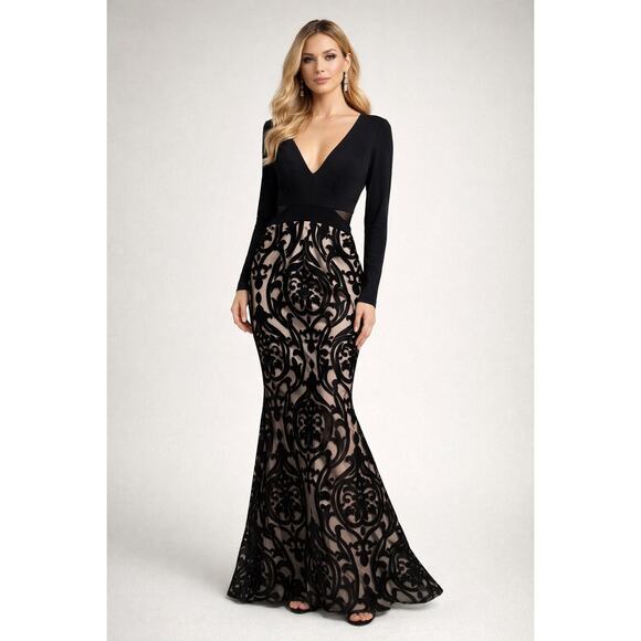 Xscape Dresses & Skirts - Xscape Black Flocked Mesh Mermaid Gown Long Sleeve Formal Dress 8